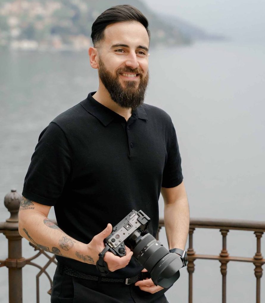 Amalfi coast wedding videographer Gaetano Di Giacomo holding his camera in his hand in Italy.